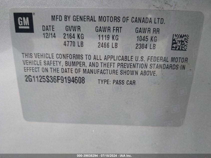 2015 Chevrolet Impala Lt VIN: 2G1125S36F9194608 Lot: 39838294