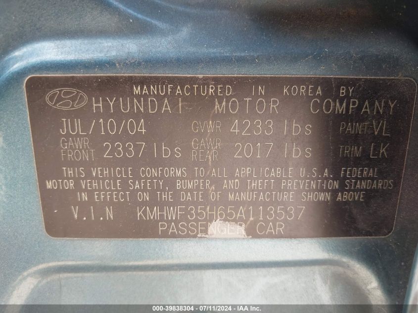 2005 Hyundai Sonata Gls/Lx VIN: KMHWF35H65A113537 Lot: 39838304