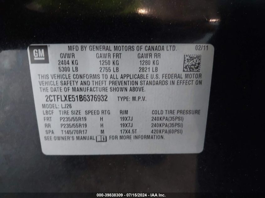 2011 GMC Terrain Slt-2 VIN: 2CTFLXE51B6376932 Lot: 39838309