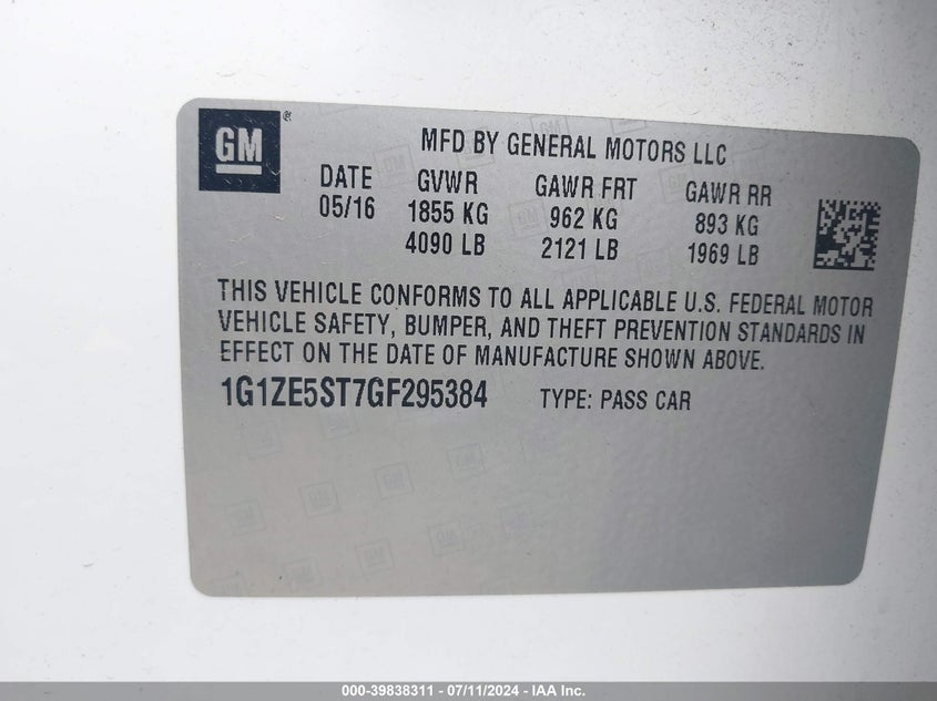 2016 Chevrolet Malibu 1Lt VIN: 1G1ZE5ST7GF295384 Lot: 39838311