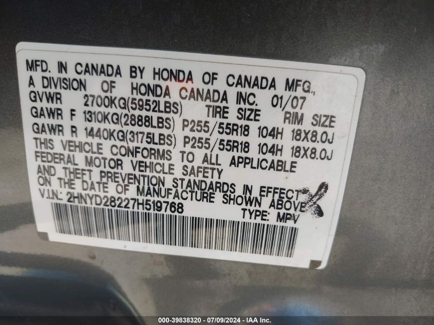 2007 Acura Mdx VIN: 2HNYD28227H519768 Lot: 39838320