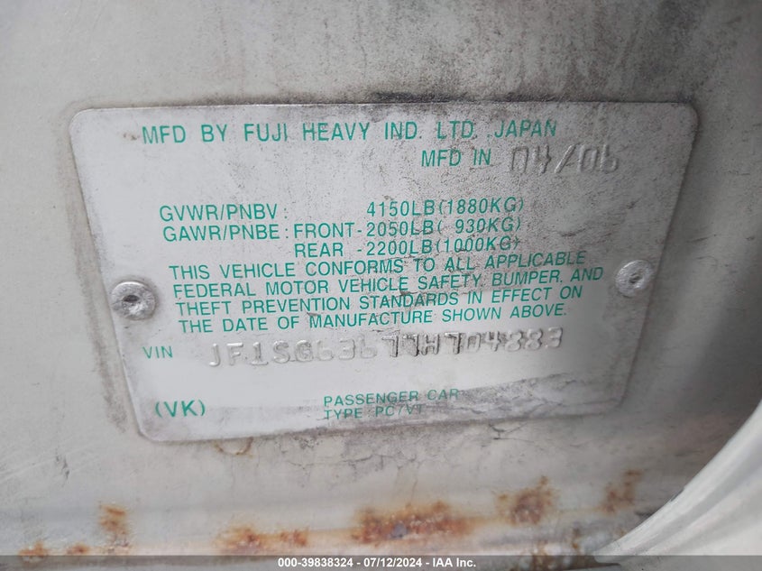 2007 Subaru Forester 2.5X/Sports 2.5X VIN: JF1SG63677H704883 Lot: 39838324