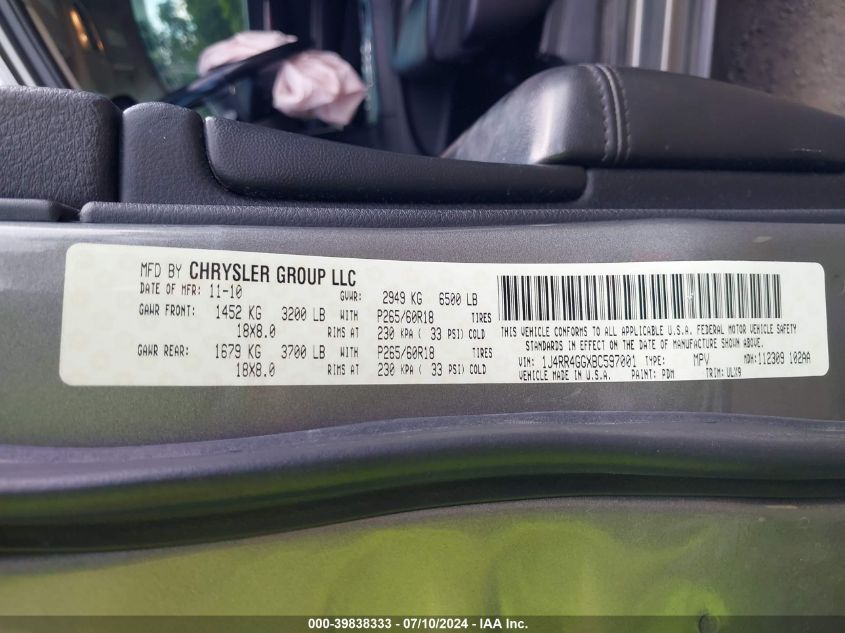 2011 Jeep Grand Cherokee Laredo VIN: 1J4RR4GGXBC597001 Lot: 39838333