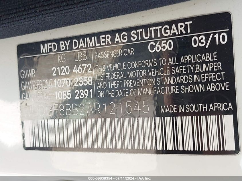 2010 Mercedes-Benz C 300 Luxury 4Matic/Sport 4Matic VIN: WDDGF8BB2AR121545 Lot: 39838354