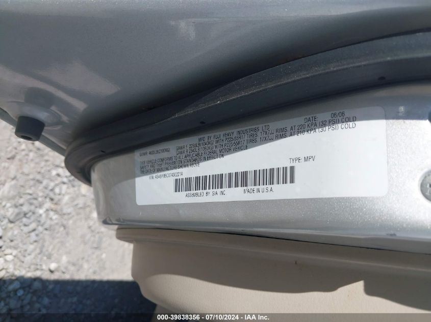 2007 Subaru Outback 3.0R L.l. Bean Edition VIN: 4S4BP86C074302214 Lot: 39838356