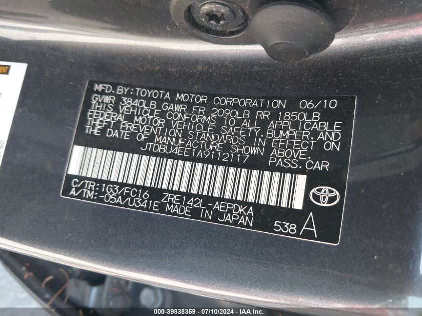 2010 Toyota Corolla Le VIN: JTDBU4EE1A9112117 Lot: 39838359