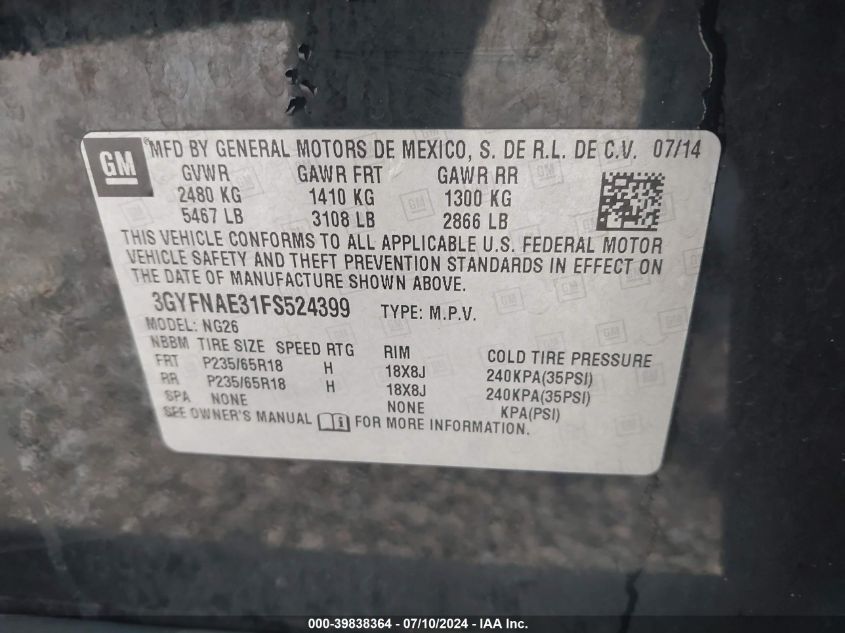 2015 Cadillac Srx VIN: 3GYFNAE31FS524399 Lot: 39838364