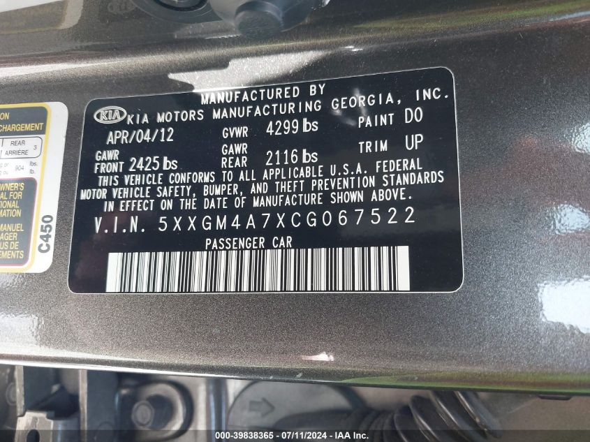 2012 Kia Optima Lx VIN: 5XXGM4A7XCG067522 Lot: 39838365
