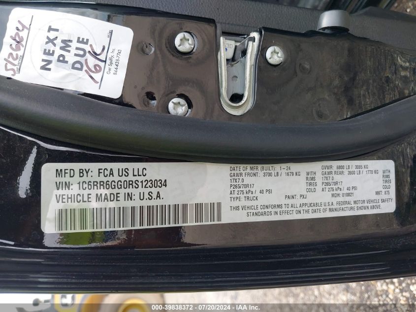 2024 Ram 1500 Classic Slt VIN: 1C6RR6GG0RS123034 Lot: 39838372