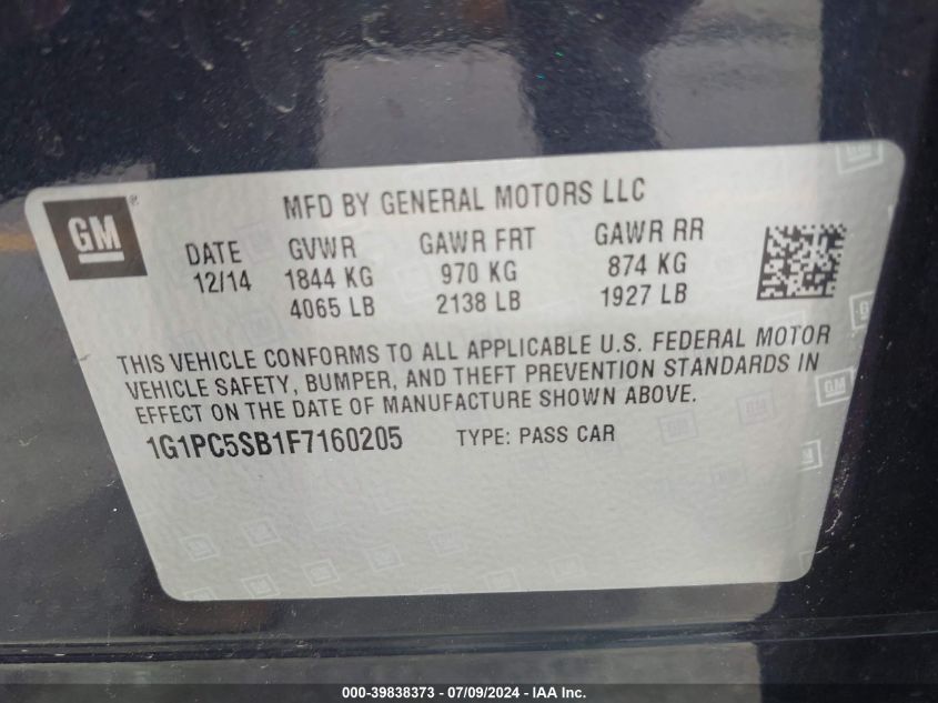 2015 Chevrolet Cruze 1Lt Auto VIN: 1G1PC5SB1F7160205 Lot: 39838373