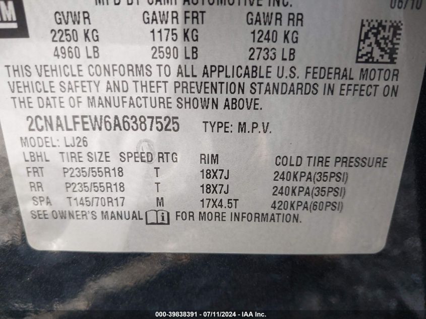 2010 Chevrolet Equinox Ltz VIN: 2CNALFEW6A6387525 Lot: 39838391