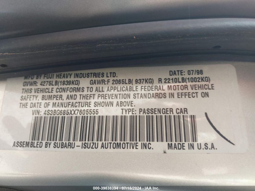 1999 Subaru Legacy 30Th Ann. Outback Ltd./Outback VIN: 4S3BG685XX7605555 Lot: 39838394