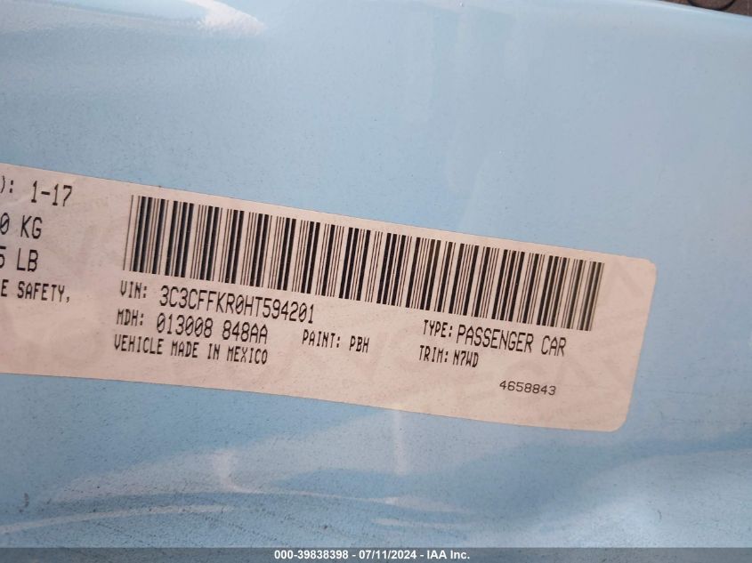 2017 Fiat 500 Pop VIN: 3C3CFFKR0HT594201 Lot: 39838398