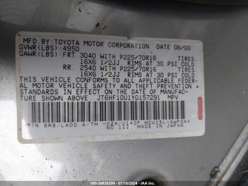 2000 Lexus Rx 300 300 VIN: JT6HF10U1Y0157291 Lot: 39838399