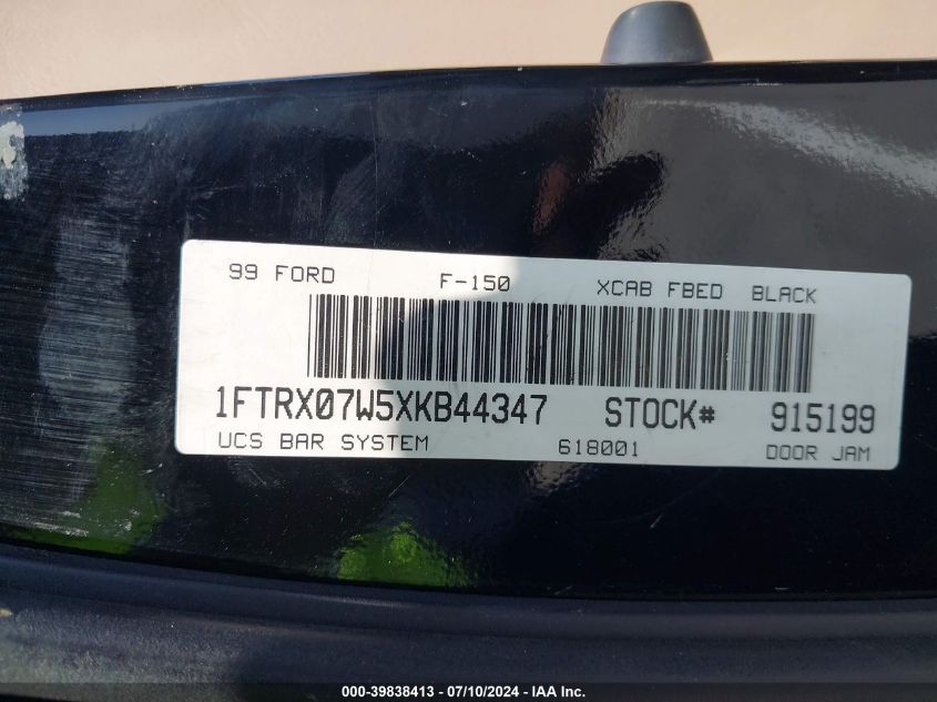1999 Ford F-150 Lariat/Work Series/Xl/Xlt VIN: 1FTRX07W5XKB44347 Lot: 39838413