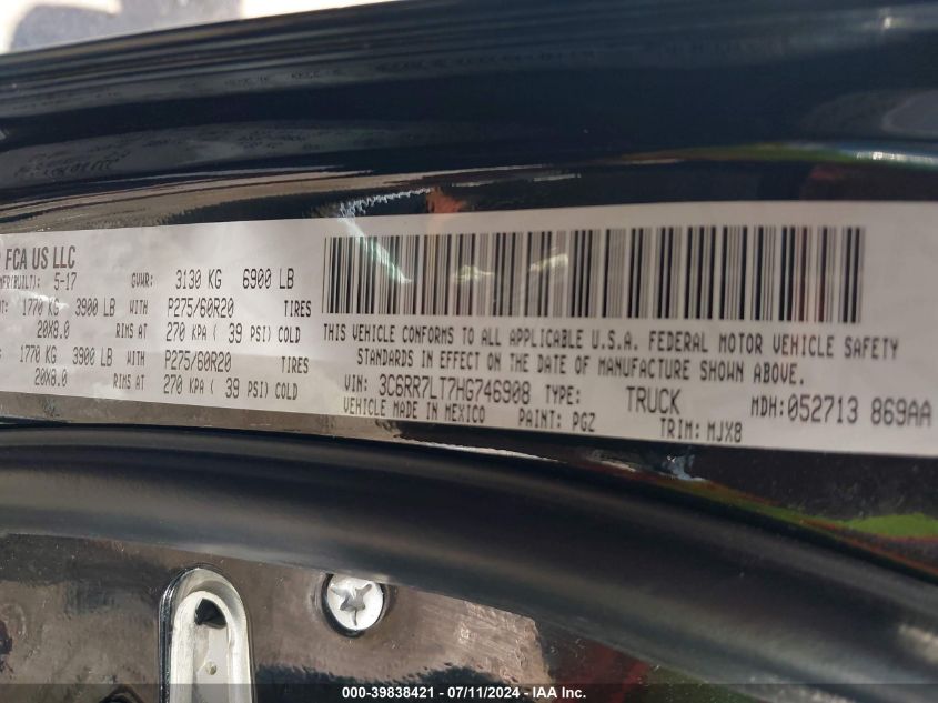 2017 Ram 1500 Big Horn 4X4 5'7 Box VIN: 3C6RR7LT7HG746908 Lot: 39838421