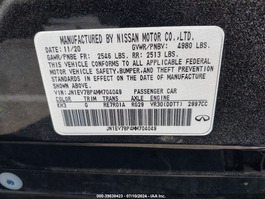 2021 Infiniti Q50 VIN: JN1EV7BP4MM704049 Lot: 39838423