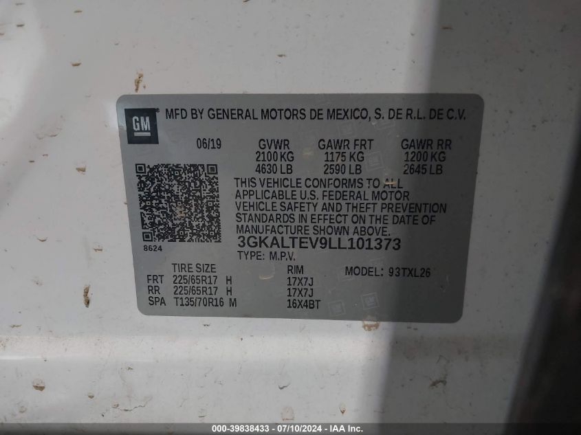 2020 GMC Terrain Sle VIN: 3GKALTEV9LL101373 Lot: 39838433