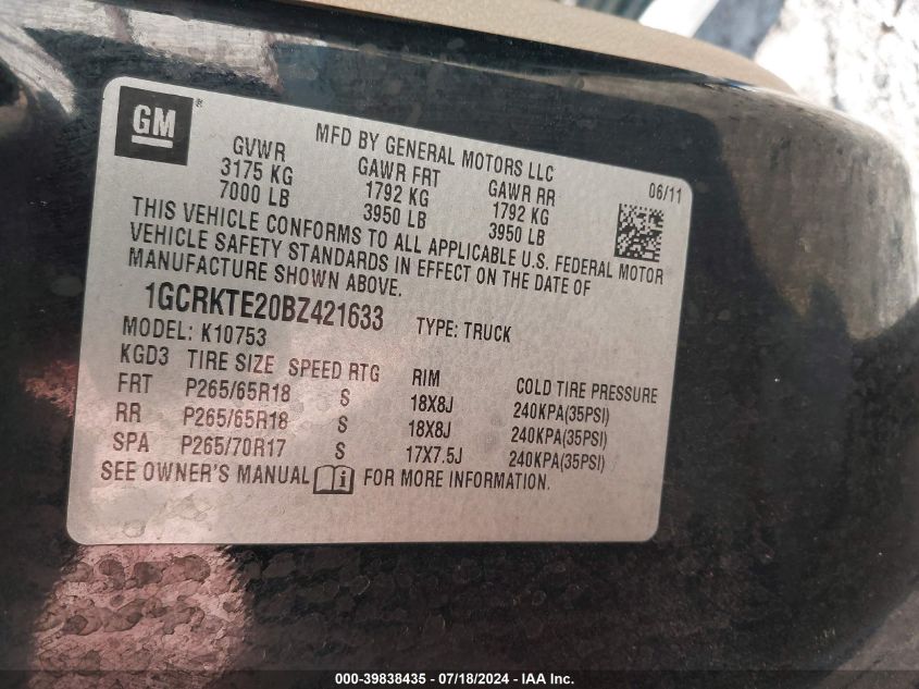 2011 Chevrolet Silverado 1500 Ltz VIN: 1GCRKTE20BZ421633 Lot: 39838435