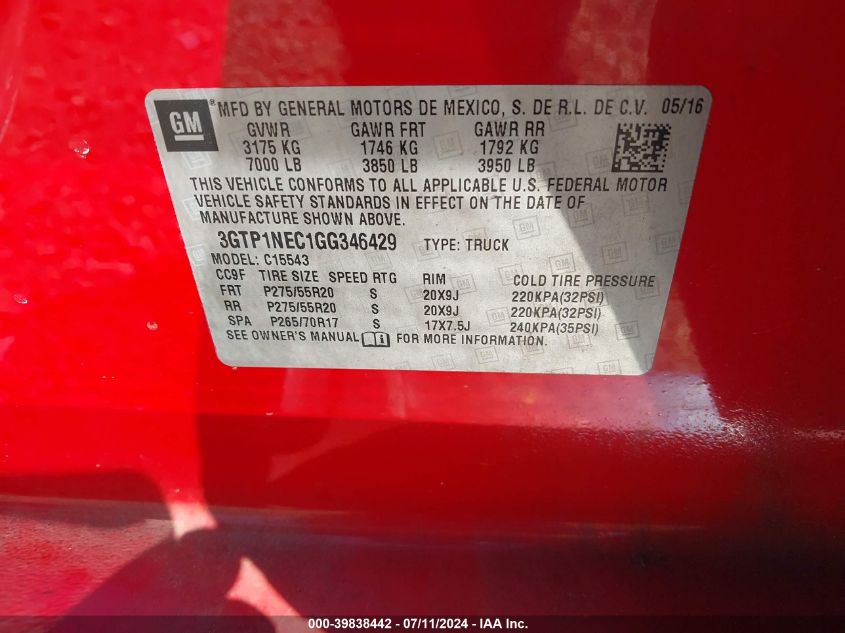 2016 GMC Sierra 1500 Slt VIN: 3GTP1NEC1GG346429 Lot: 39838442