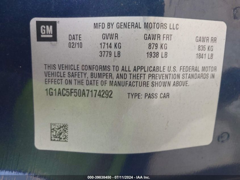 2010 Chevrolet Cobalt Lt VIN: 1G1AC5F50A7174292 Lot: 39838450