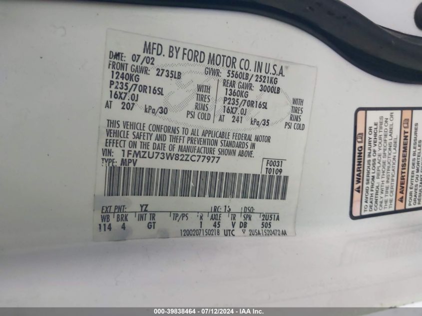 2002 Ford Explorer Xlt VIN: 1FMZU73W82ZC77977 Lot: 39838464