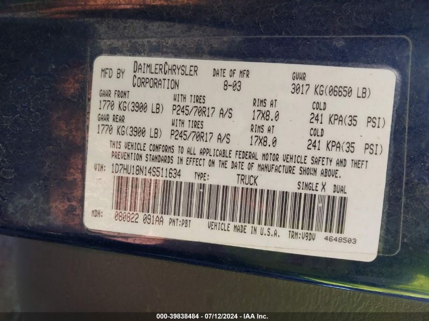 2004 Dodge Ram 1500 Slt/Laramie VIN: 1D7HU18N14S511634 Lot: 39838484