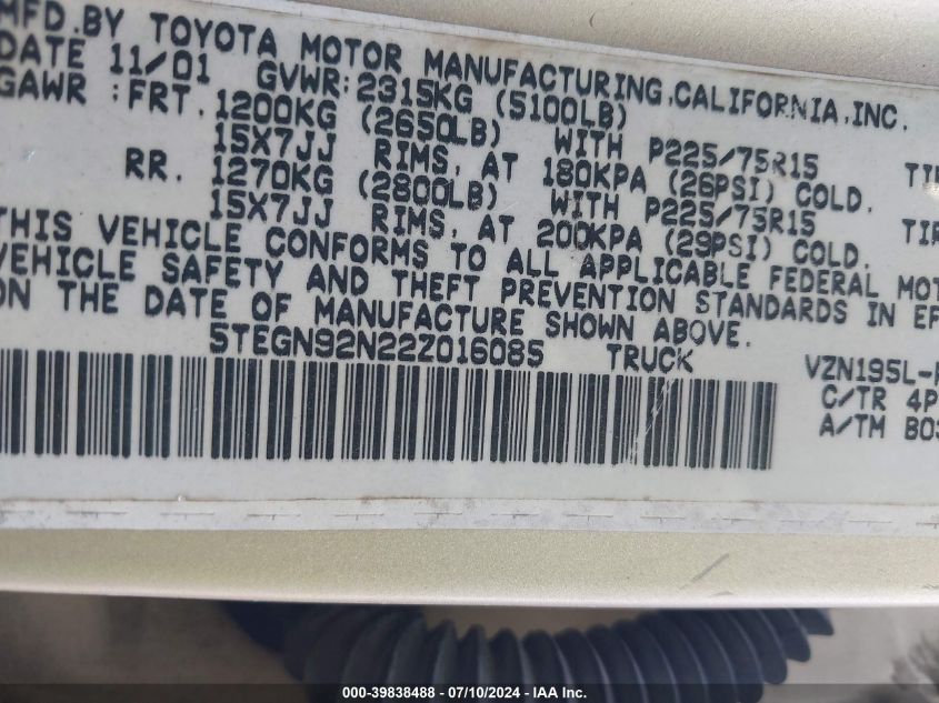 2002 Toyota Tacoma Prerunner V6 VIN: 5TEGN92N22Z016085 Lot: 39838488