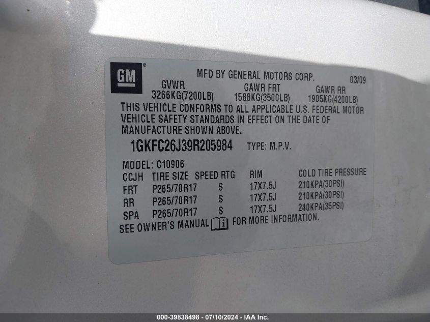 2009 GMC Yukon Xl 1500 Sle2 VIN: 1GKFC26J39R205984 Lot: 39838498