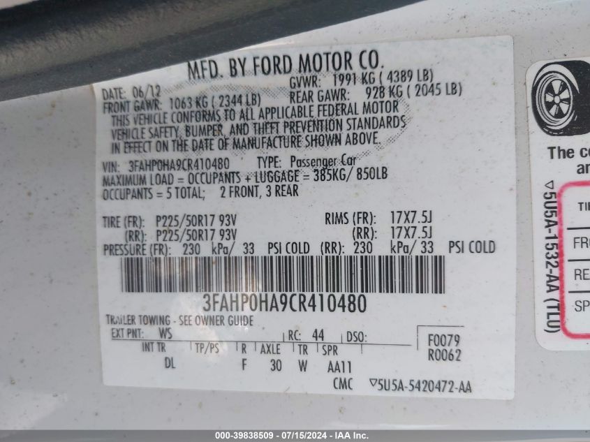 2012 Ford Fusion Se VIN: 3FAHP0HA9CR410480 Lot: 39838509