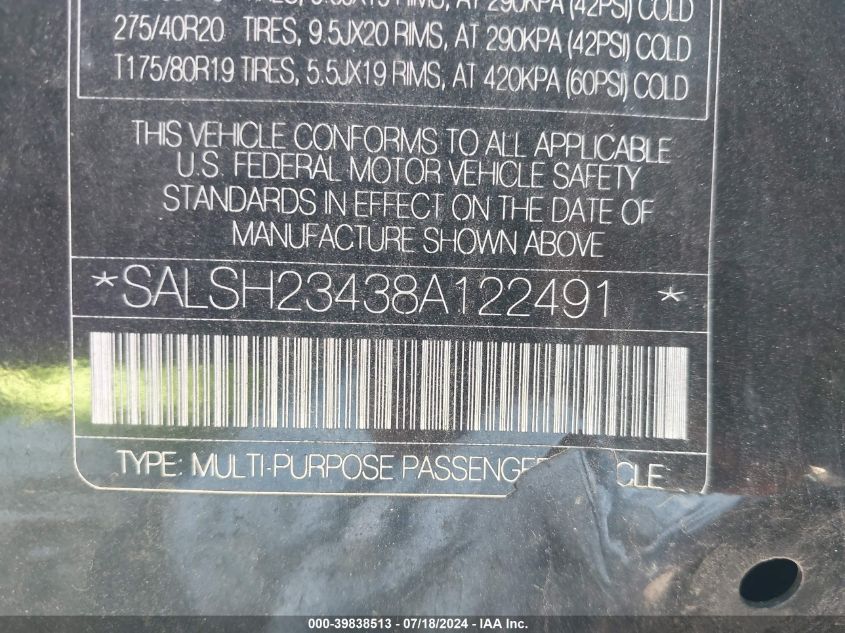 2008 Land Rover Range Rover Sport Supercharged VIN: SALSH23438A122491 Lot: 39838513