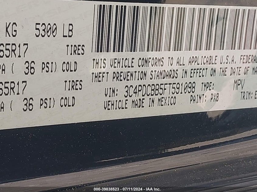 2015 Dodge Journey Sxt VIN: 3C4PDCBB5FT591098 Lot: 39838523