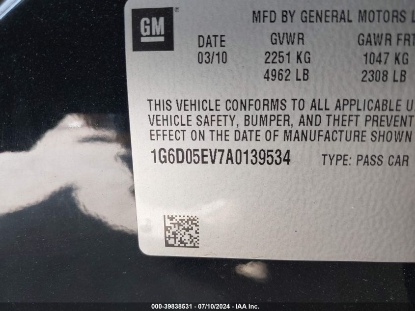 2010 Cadillac Cts Standard VIN: 1G6D05EV7A0139534 Lot: 39838531