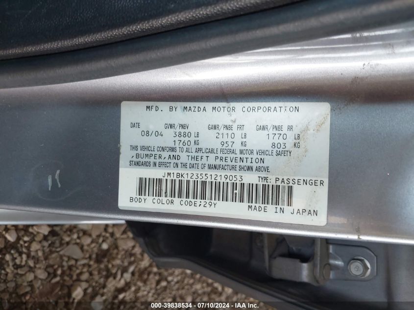 2005 Mazda 3 S VIN: JM1BK123551219053 Lot: 39838534