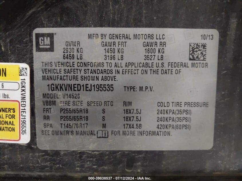 2014 GMC Acadia Sle-1 VIN: 1GKKVNED1EJ195535 Lot: 39838537