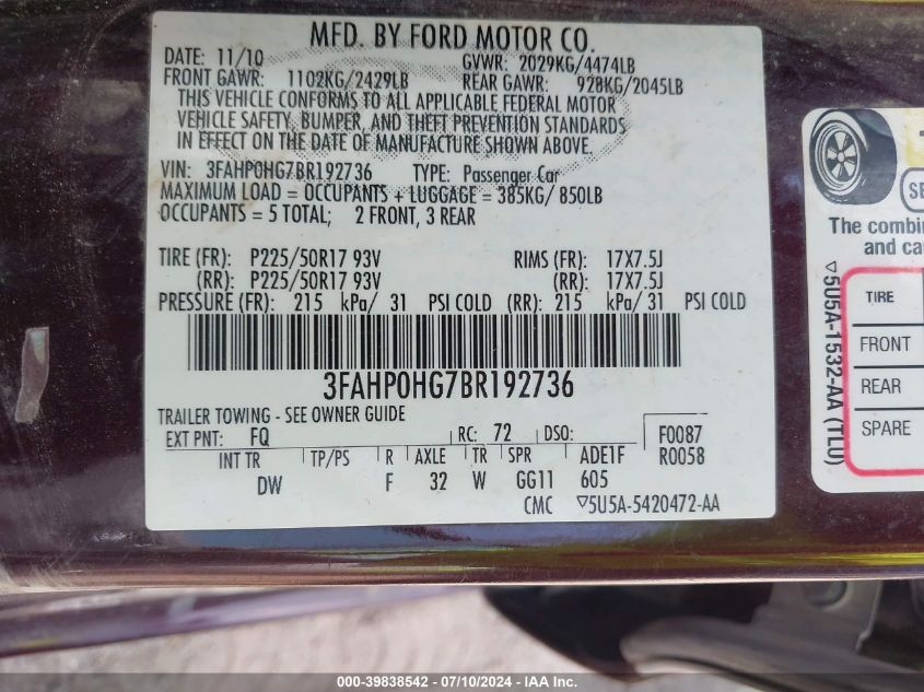 2011 Ford Fusion Se VIN: 3FAHP0HG7BR192736 Lot: 39838542