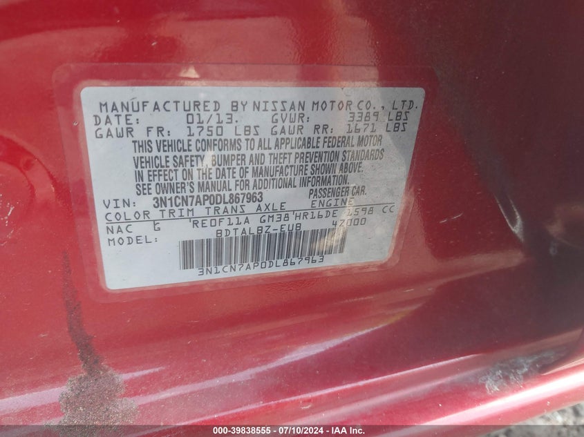 2013 Nissan Versa 1.6 Sv VIN: 3N1CN7AP0DL867963 Lot: 39838555