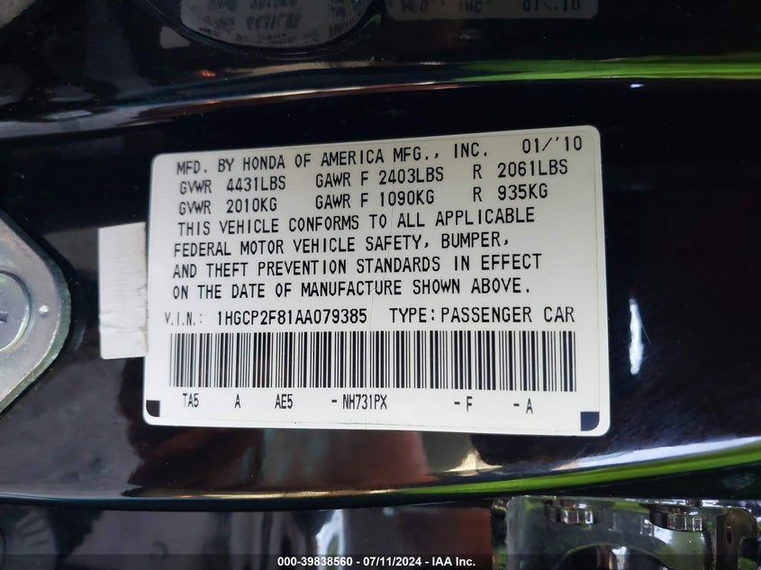 2010 Honda Accord 2.4 Ex-L VIN: 1HGCP2F81AA079385 Lot: 39838560
