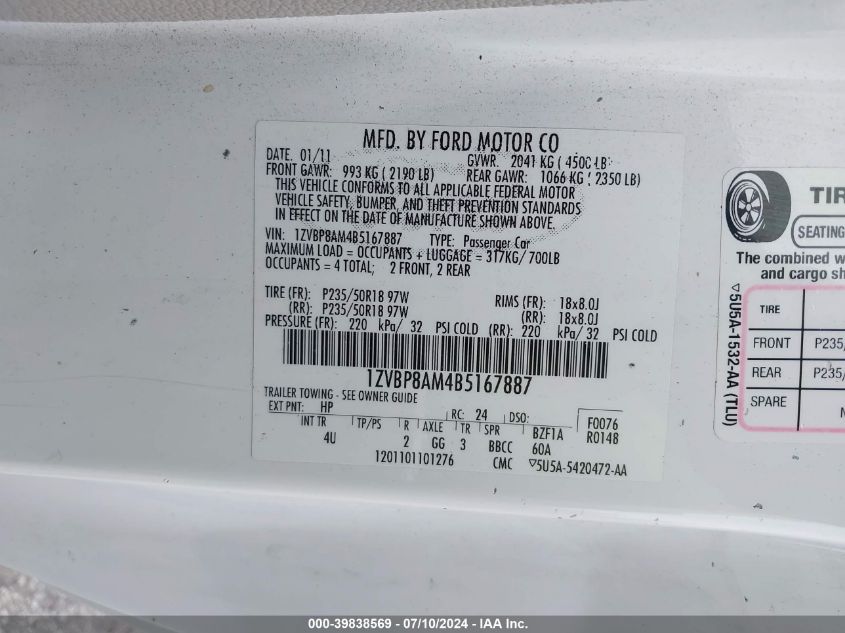 2011 Ford Mustang V6 Premium VIN: 1ZVBP8AM4B5167887 Lot: 39838569