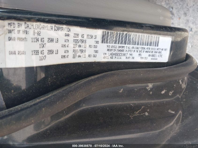 2003 Jeep Grand Cherokee Laredo VIN: 1J4GX48S63C510017 Lot: 39838578