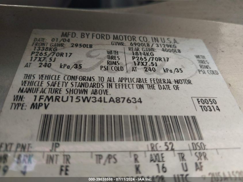 2004 Ford Expedition Xlt VIN: 1FMRU15W34LA87634 Lot: 39838588