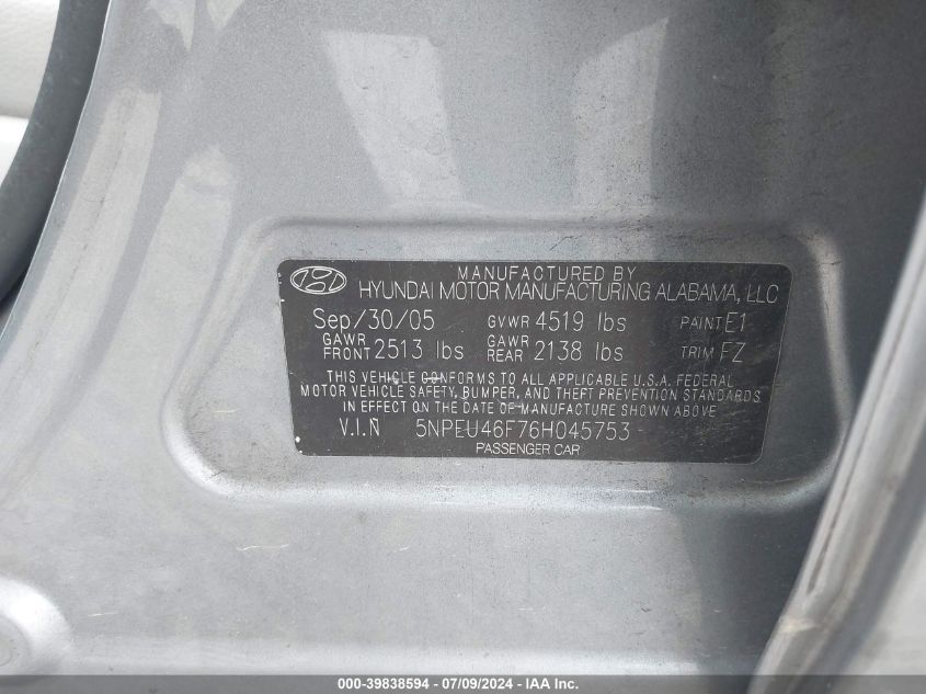 5NPEU46F76H045753 | 2006 HYUNDAI SONATA