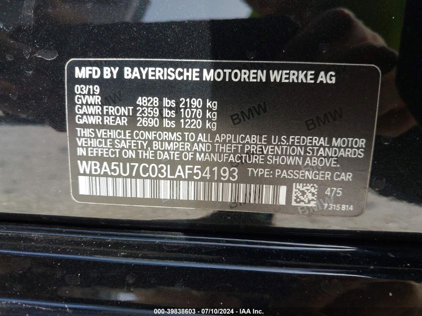 2020 BMW 3 Series VIN: WBA5U7C03LAF54193 Lot: 39838603