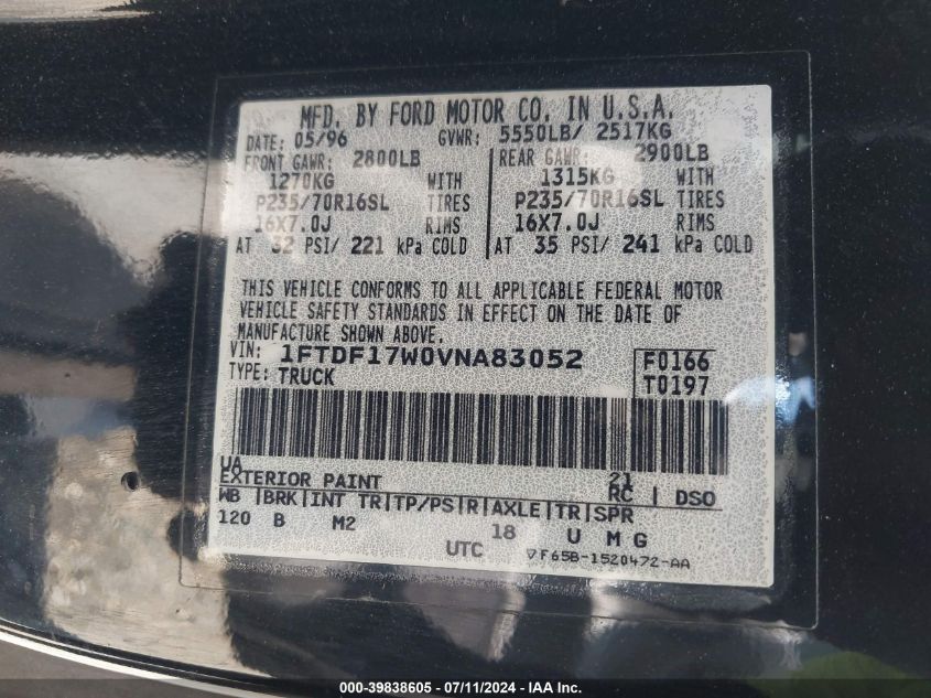 1997 Ford F-150 Lariat/Standard/Xl/Xlt VIN: 1FTDF17W0VNA83052 Lot: 39838605