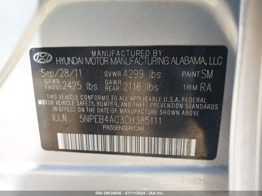 2012 Hyundai Sonata Gls VIN: 5NPEB4AC3CH385111 Lot: 39838606