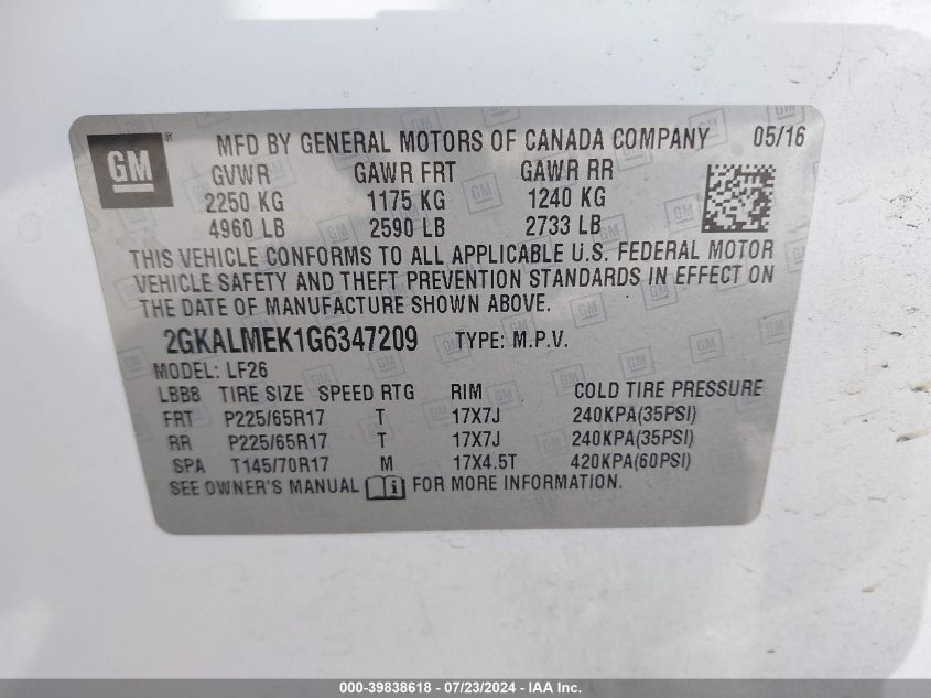 2016 GMC Terrain Sle-1 VIN: 2GKALMEK1G6347209 Lot: 39838618