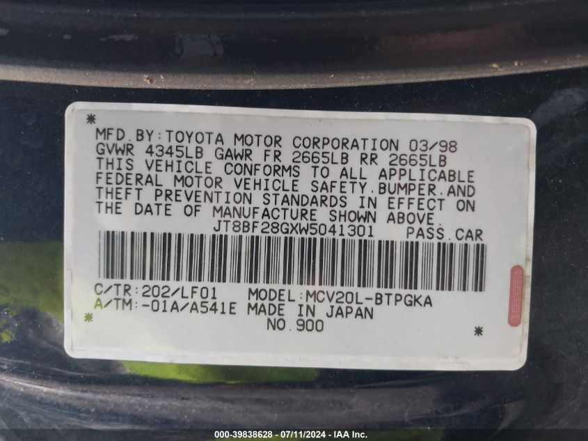 1998 Lexus Es 300 VIN: JT8BF28GXW5041301 Lot: 39838628