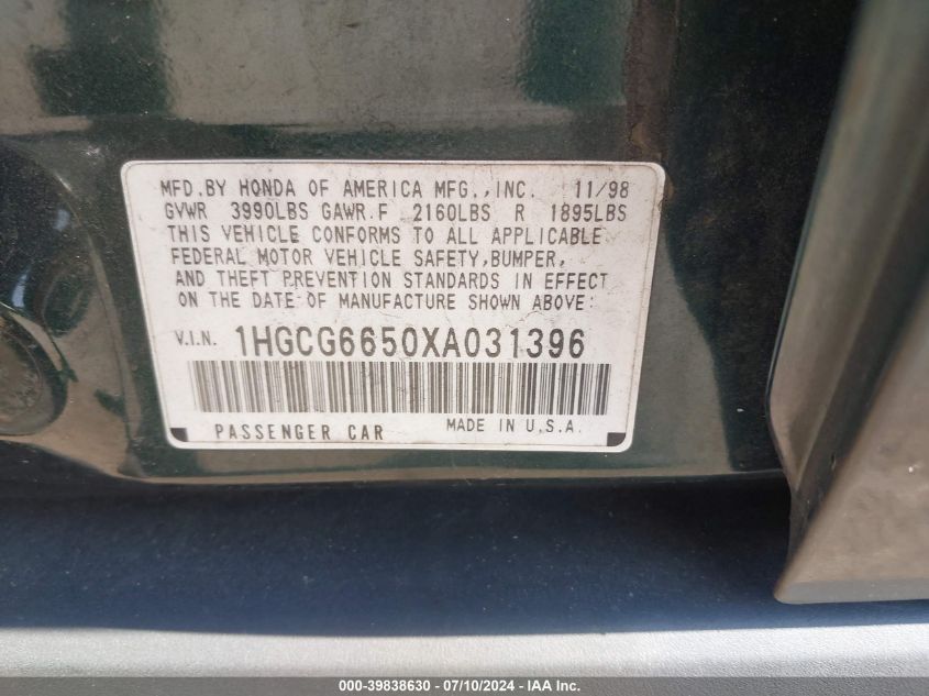 1999 Honda Accord Lx VIN: 1HGCG6650XA031396 Lot: 39838630
