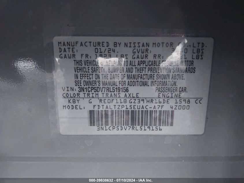 2024 Nissan Kicks Sr Xtronic Cvt VIN: 3N1CP5DV7RL519156 Lot: 39838632