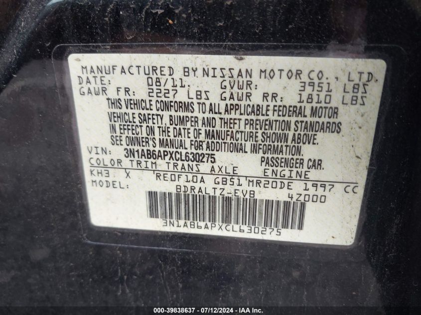 2012 Nissan Sentra 2.0 Sr VIN: 3N1AB6APXCL630275 Lot: 39838637